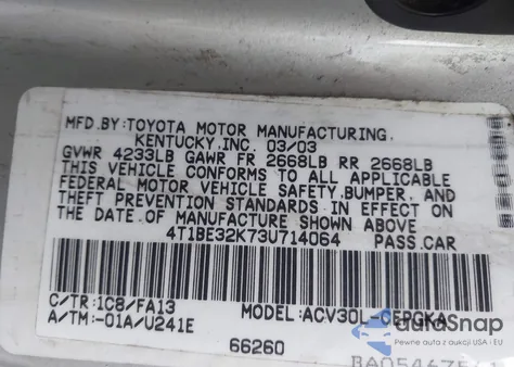 2003 Toyota Camry Xle z USA, uszkodzony, nr VIN 4T1BE32K73U714064